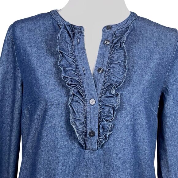 DRAPER JAMES Chambray Ruffle Shift Dress Size 4 Blue Denim Dark Wash - Picture 4 of 16